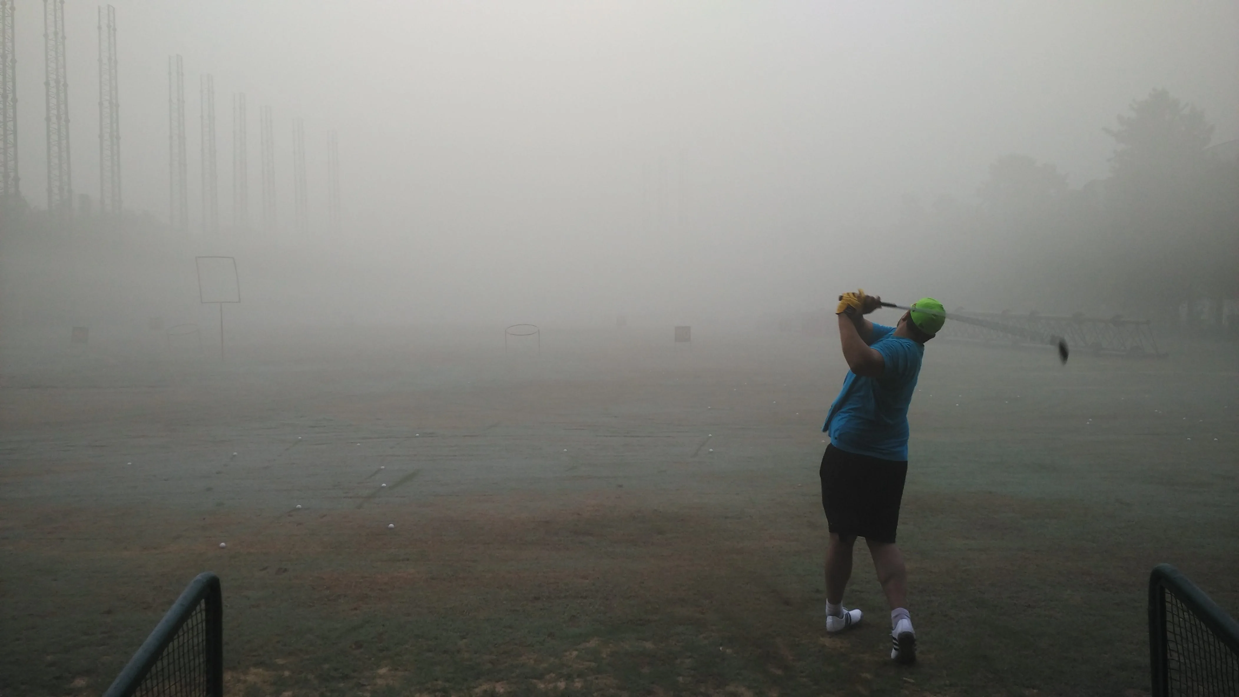 Driving range in Delhi on November 8, 2017. The ball disappears into the smog at the 75 yard line.