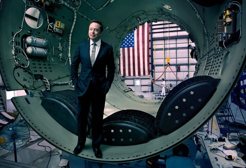 PROPHET MOTIVE Elon Musk, co-founder of Tesla and OpenAI, inside part of a SpaceX Falcon 9 rocket, in Cape Canaveral, Florida, 2010. Photograph by Jonas Fredwall Karlsson.