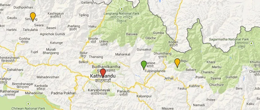 Green: Powachok Town in Sindupalchowk, with UK AID camp. Orange: Epicenter of M7.8 (left) and aftershock M6.7 (right). Kathmandu is in Red.